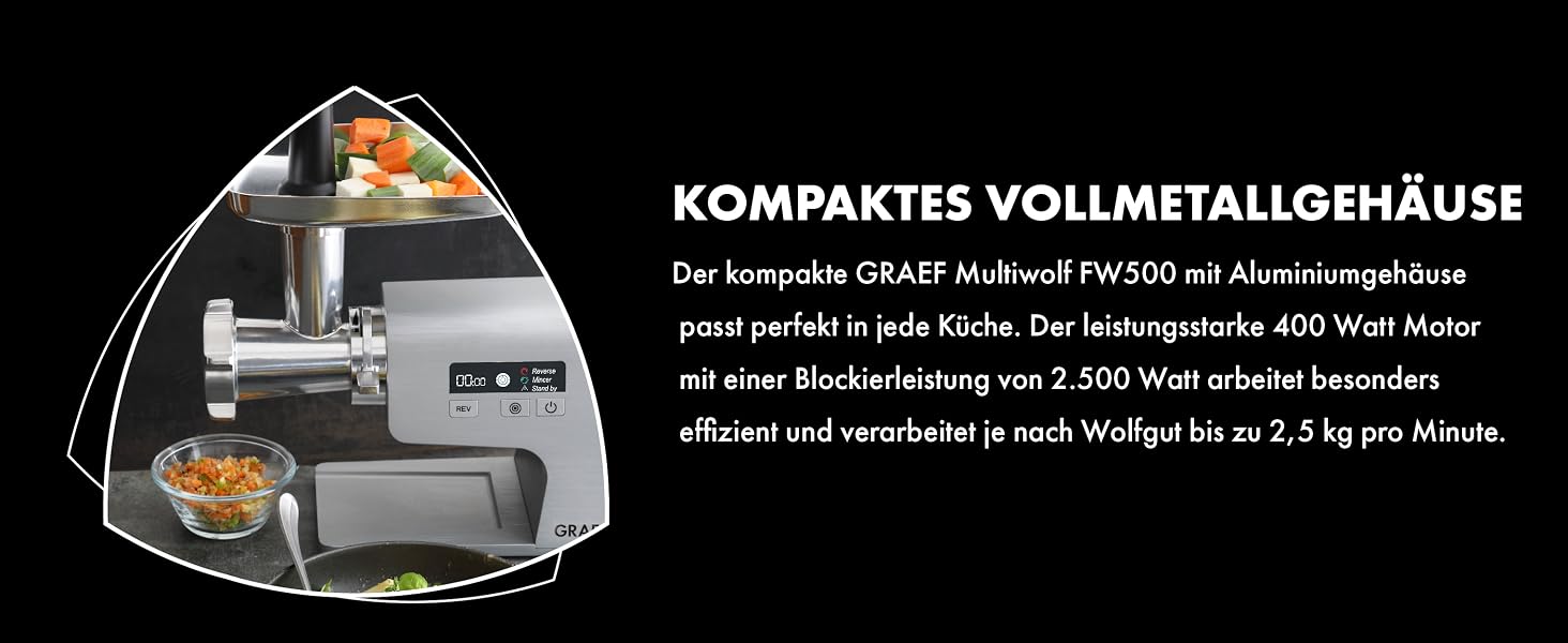Електрична м'ясорубка GRAEF Multiwolf FW500, металевий корпус, 2500 Вт, з цифровим дисплеєм та захистом від перевантаження, срібляста