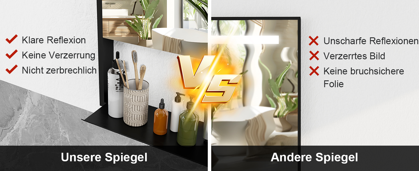 Дзеркало для ванної кімнати YU YUSING 80x60 см з підсвічуванням LED, 3 кольори світла, регулювання яскравості, антизапарник, сенсорне управління, таймер, загартоване скло, IP44 (чорний з полицею)