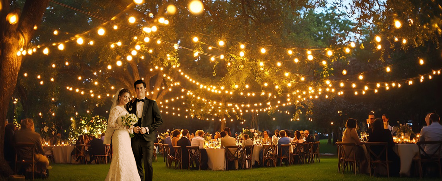 Ланцюжок прикрас для зовнішнього використання, 10м, G40 лампочки. Водостійкий (IP68), диммування, з пультом ДУ. Ідеально для балкона, павільйону, саду, тераси, вечірки, весілля.