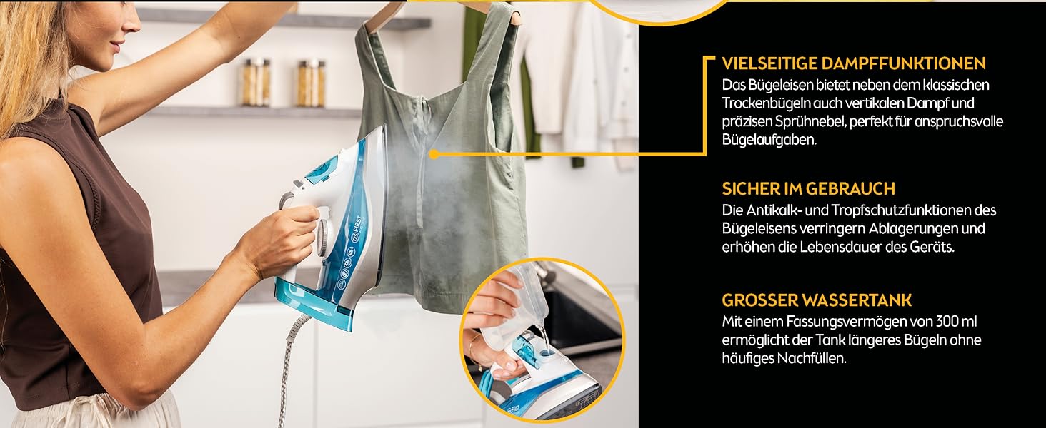 Пароочисник TZS First Austria I 2290-2720W | Керамічна підошва, Самоочищення, Вертикальна пара, Anti-Kalk, Сухе прасування, 0,3л резервуар, 1,2 кг, Чорний/Білий