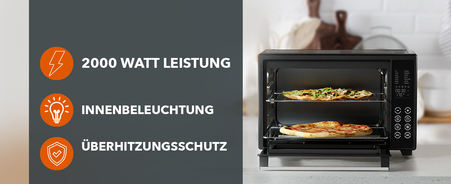 Багатофункціональна міні-піч Heinrich's з об'ємом 48л, конвекція, таймер 8год, підсвітка, 100-230°C, сенсорне керування, з аксесуарами, чорна, 2000W