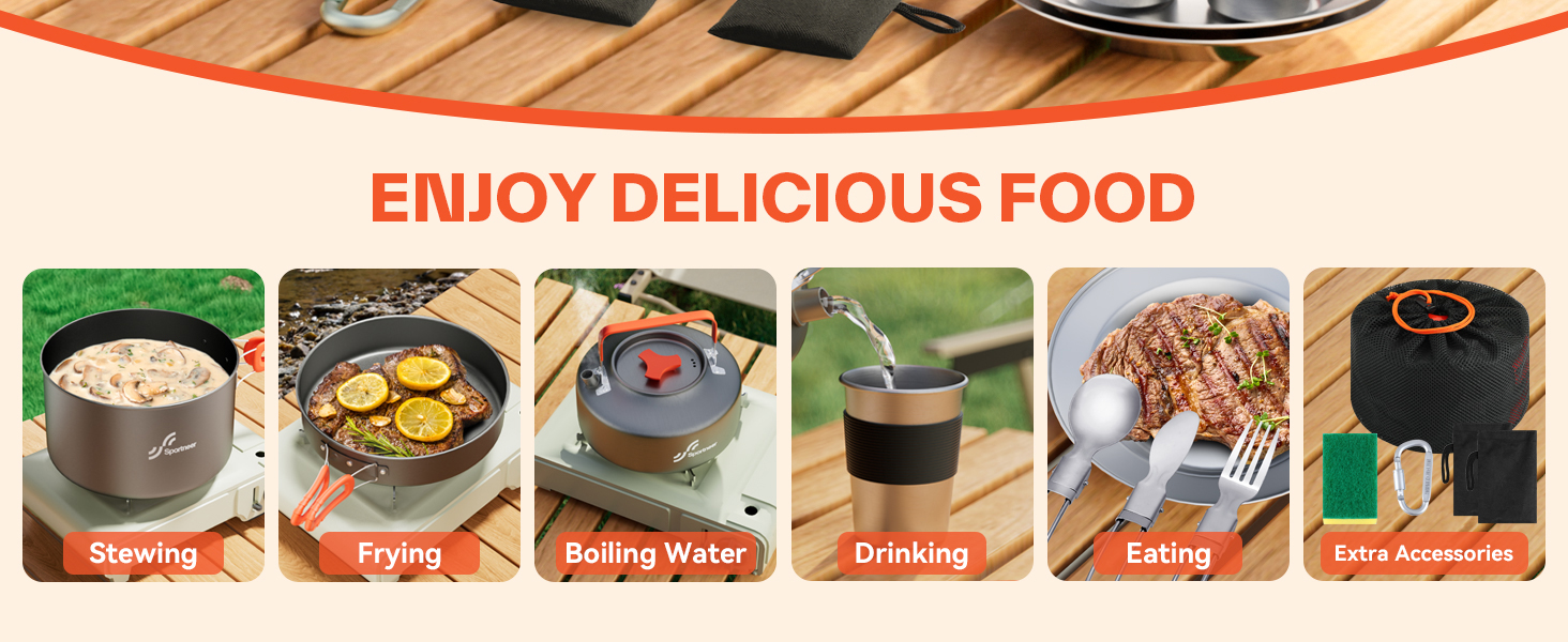 Набір посуду для кемпінгу на 2 особи: каструля, сковорода, чайник, тарілки, чашки, столові прибори (Löffel, Gabeln) для пікніків, походів та кемпінгу