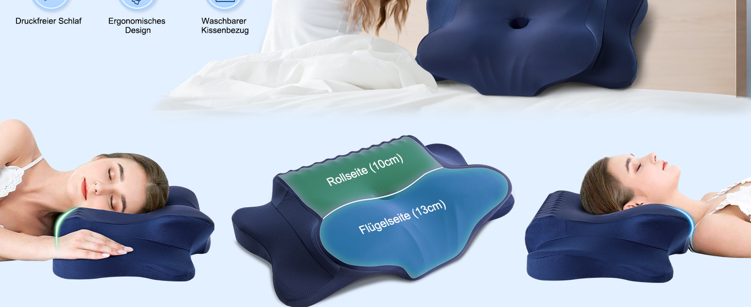Подушка для шиї, подушка для голови з піною Memory Foam, ергономічна подушка для шиї, подушка для тих, хто спить на боці, на спині та на животі, сіро-білий колір (темно-синій, 64 x 39 x 13 см)
