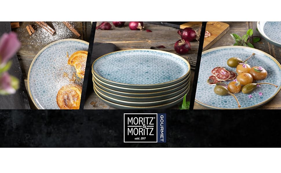 Набір посуду Moritz & Moritz TERRA на 6 осіб: 6 тарілок, 6 десертних тарілок, 6 мисок (Азурний блакитний)