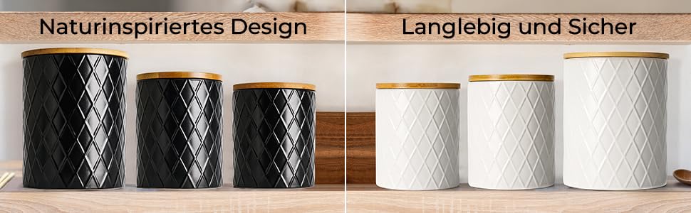 Набір з 3 вазочок для зберігання Miamio Palmanova, кераміка з дерев'яним кришкою, білий та чорний