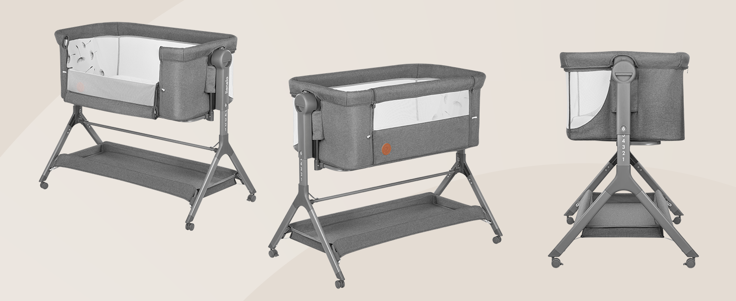 Дитяче ліжко Lionelo Leonie Plus 3 в 1: ліжко, коліска, ліжко-приліжко з регулюванням висоти, сітчасті стінки, знімною бічною панеллю та коліщатками з гальмом. Бежевий колір.