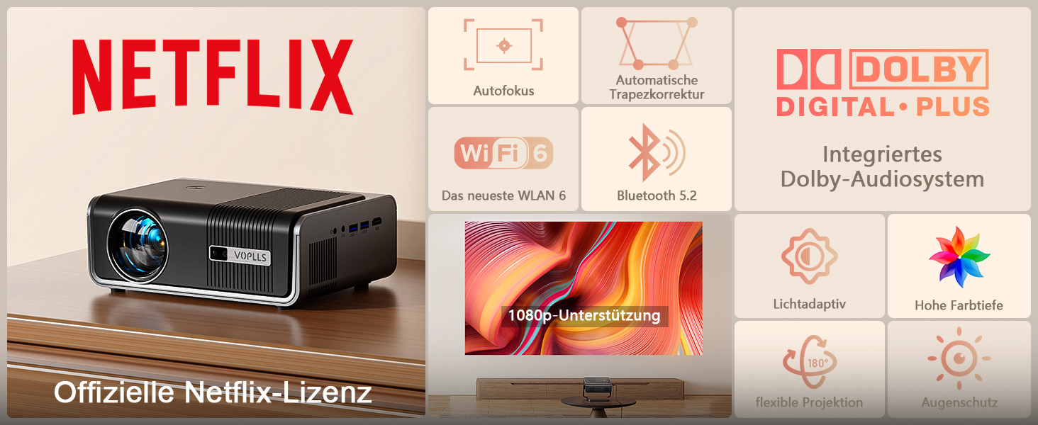 4K проєктор VISSPL 28000 люмен з автофокусом та корекцією трапецеїдальної спотворення, Wi-Fi 6, Bluetooth, Dolby Audio, Netflix, 360° обертовий штатив для домашнього кінотеатру та використання на відкритому повітрі