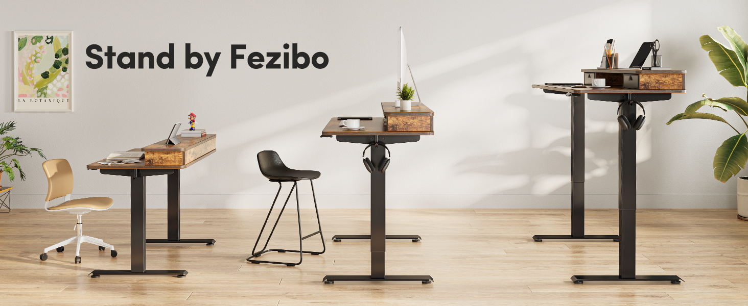 FEZIBO Регульований за висотою електричний стоячий стіл з подвійним ящиком, 120 x 60 см, офісний стіл для дому, стіл-трансформер, комп'ютерний стіл, коричневий 120 × 60 см, коричневий