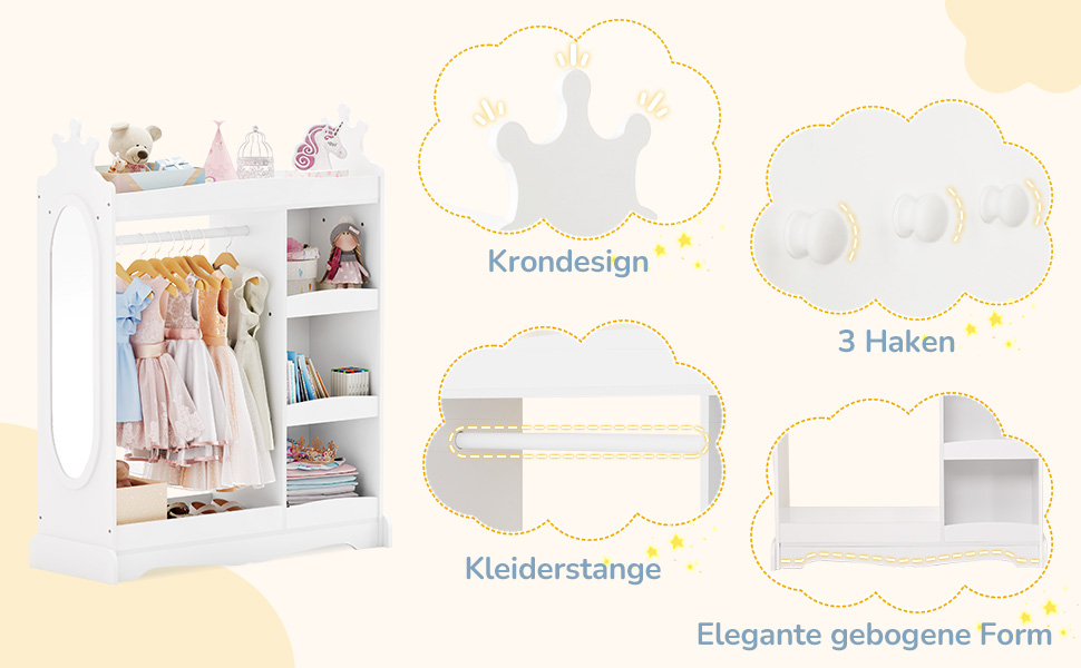 Дитяча шафа LUE BONA з дзеркалом та штангою, 3 гачками та відкритими полицями, 85 x 34 x 112 см, білий колір