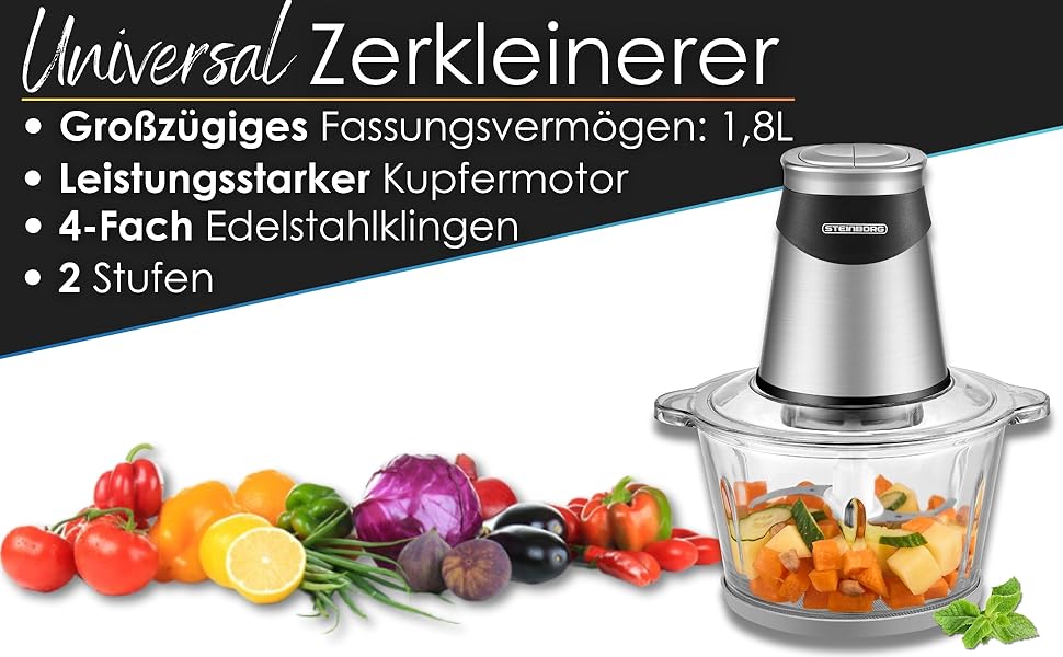 Електричний подрібнювач потужний Multizerkleinerer Blitzhacker 500W 1.8л зі скляною чашею - універсальний кухонний комбайн для приготування дитячого харчування, горіхів, овочів, фруктів та м'яса