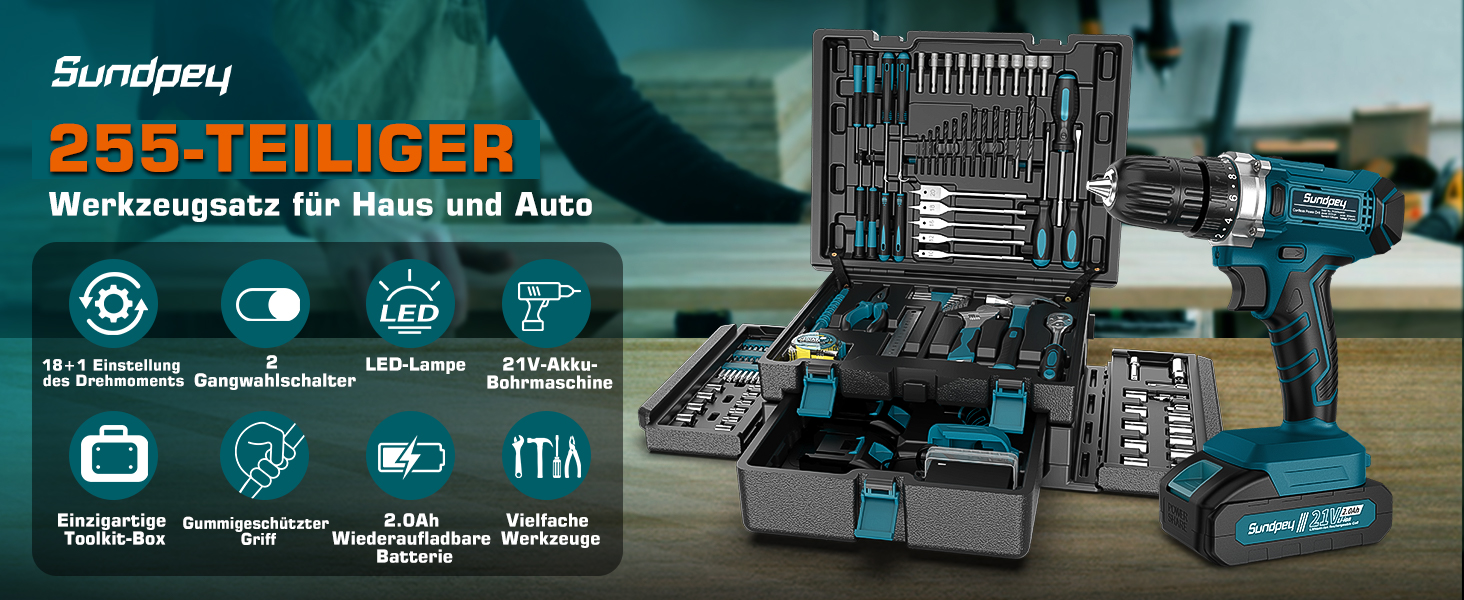 Набір інструментів Sundpey 255 предметів з акумуляторним дрилем-шуруповертом 21V, 2x2000mAh, синій - для дому та авто