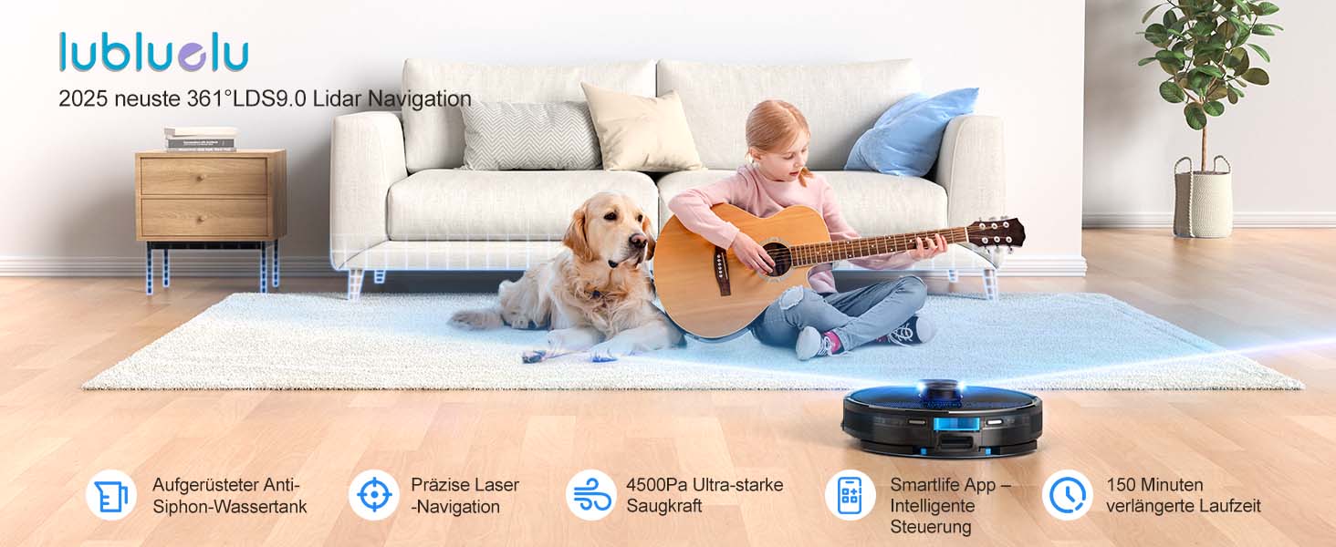 Робот-пилосос Lubluelu з функцією миття підлоги, 4500Pa, лазерна навігація, 5 карт, 55 dB, керування через додаток, для шерсті тварин, килимів, твердих підлог, чорний