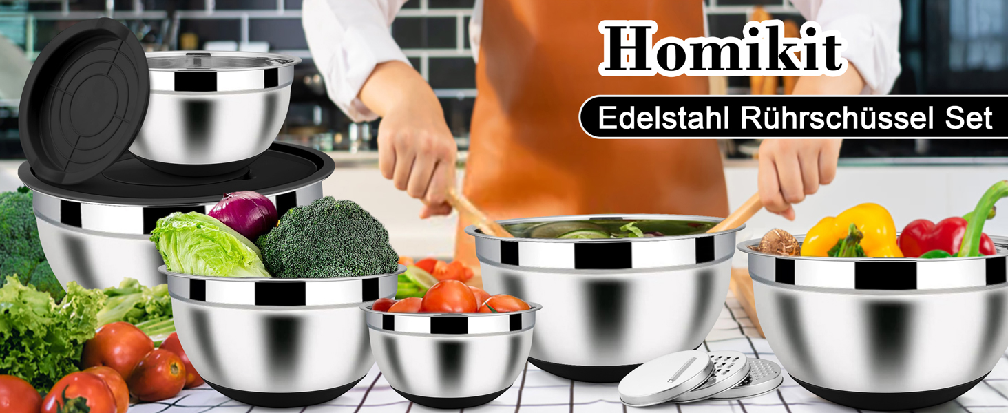 Набір місок Homikit з нержавіючої сталі, 6 шт. з тертками, кришкою та силіконовим дном, 4.6/2.8/2.5/1.6/1.2/0.7 л, чорний