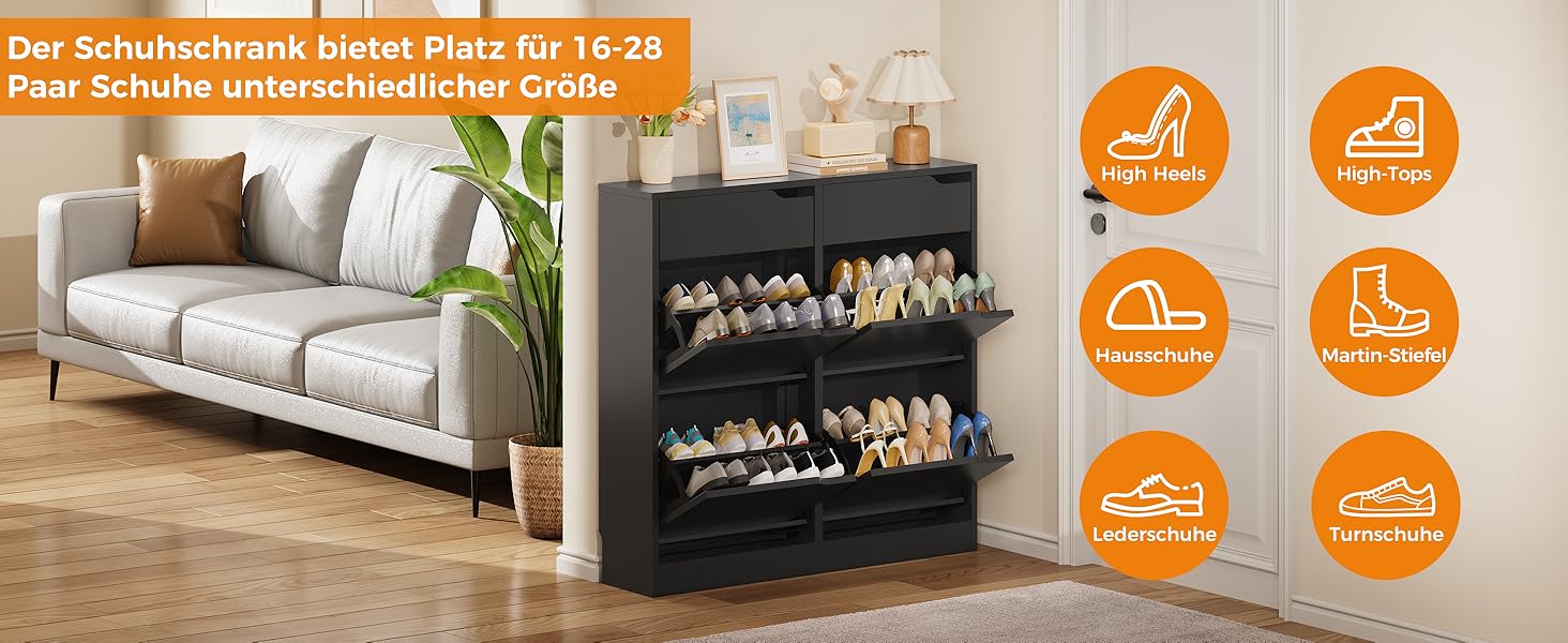 Шкаф для взуття IRONCK з 4 дверцятами, вузький, з 2 висувними ящиками, окремо стоячий, з регульованими перегородками, для передпокою, входу та вітальні (Білий) Білий (100x23.5x98см, Чорний)