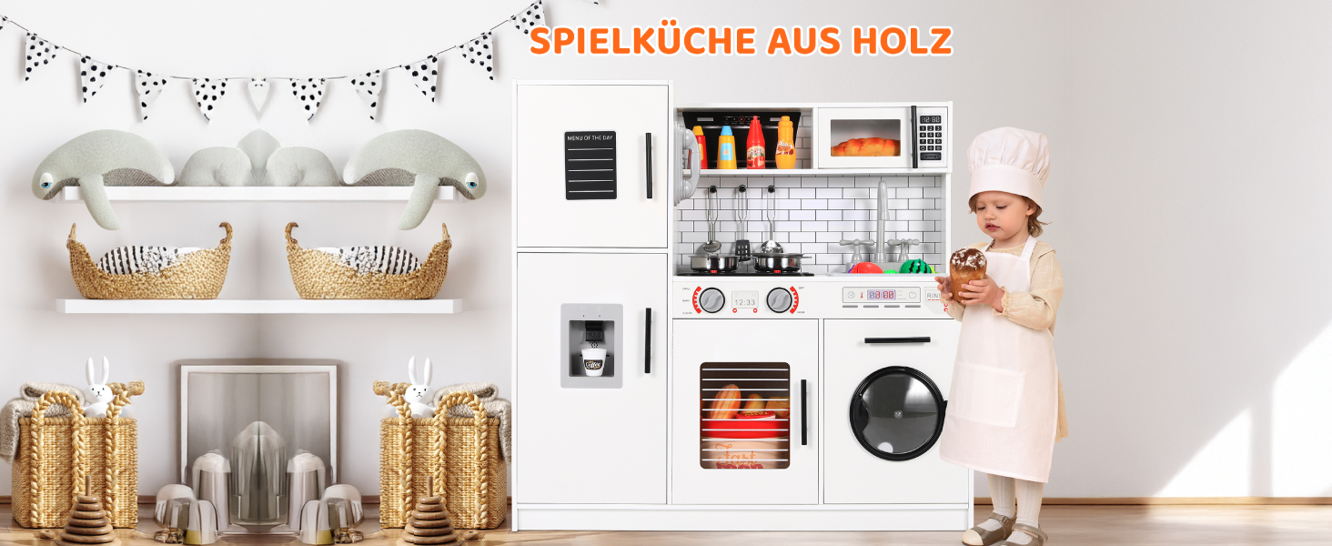 Дерев'яна дитяча кухня MAMIZO з підсвіткою та звуком, 82x80x25 см. Комплект іграшок для дітей від 3 років, біла