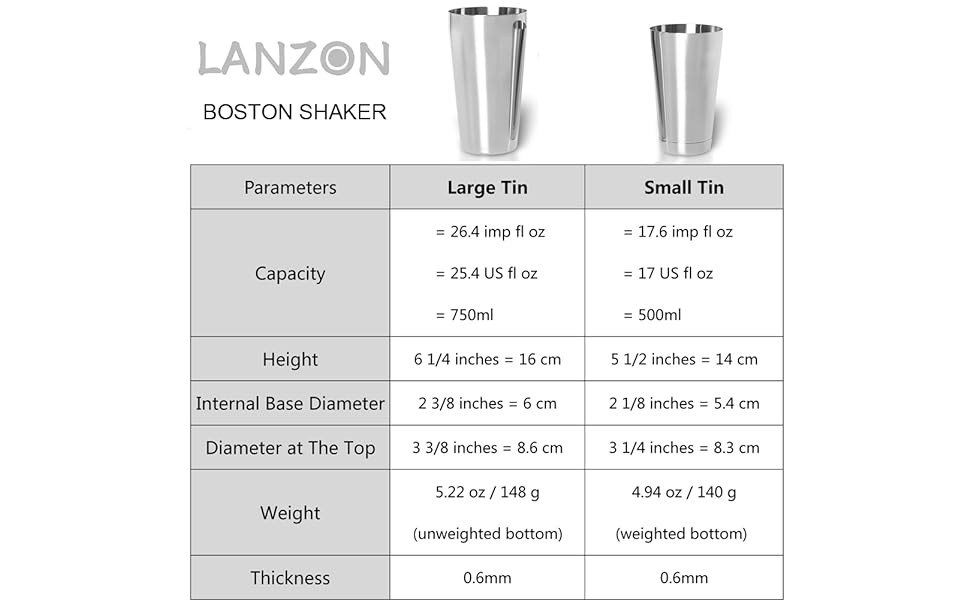 Шейкер для коктейлів Lanzon Boston набір шейкерів з нержавіючої сталі з 2 предметів, набір шейкерів для коктейлів об'ємом 500 мл 750 мл для всіх професій