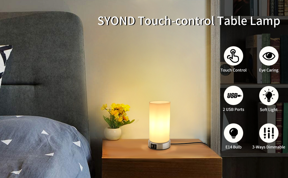 Приліжковий світильник SYOND Touch Dimming, E14, 2 USB, 3 рівні, з лампочкою, теплий білий (пара)