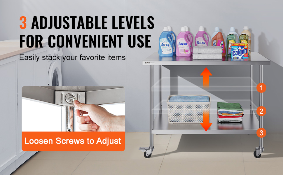 Стол з нержавіючої сталі VEVOR 90x60x85 см, з 4 колесами, регульована висота, для приготування їжі, срібний