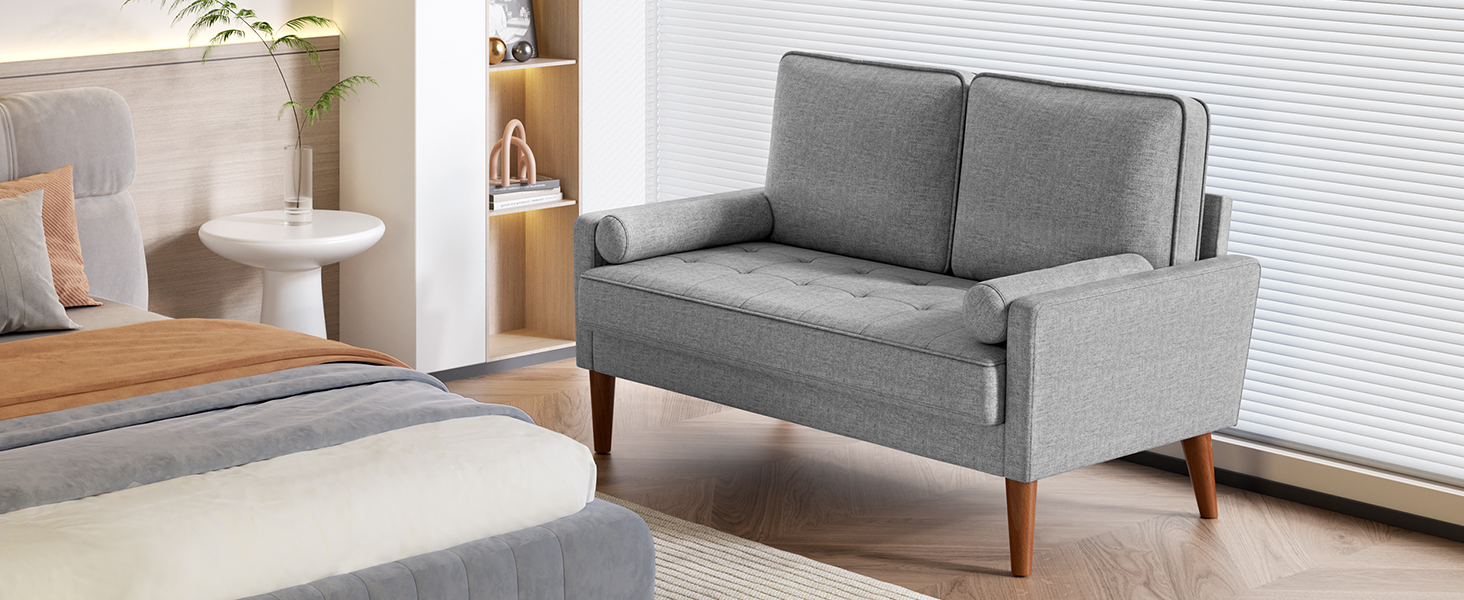 Диван Vesgantti 2-місний, 121 см, сучасний дизайн, 2 подушки, сірий льон для вітальні/квартири/офісу