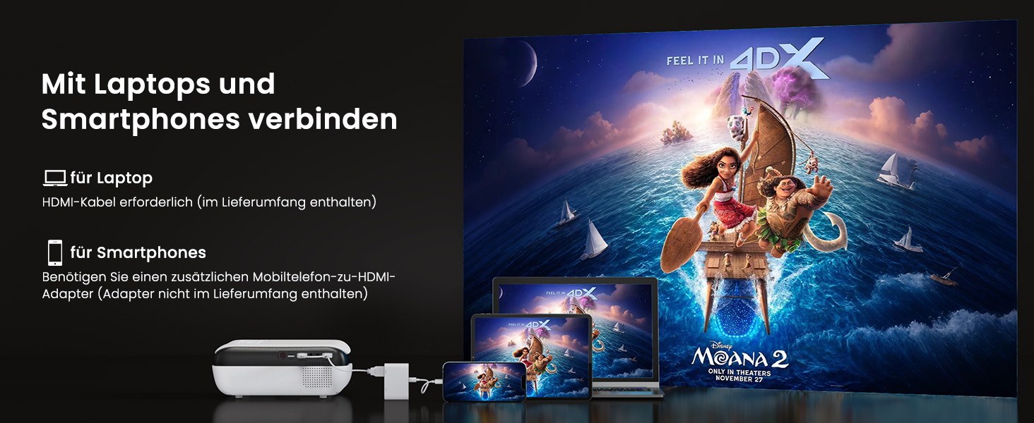 HOPVISION Міні проєктор 4K, 1080P Full HD, 13000 люменів. Підтримка Bluetooth, для Fire Stick/PS5/Smartphone/TV. Портативний проєктор для дому та на вулицю