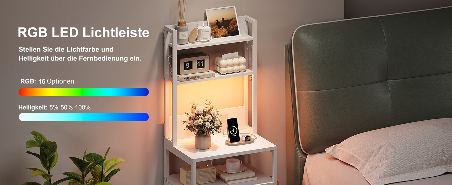 Нічний столик з підзарядкою та LED, бічний столик з 3 висувними ящиками з тканини, тумбочка з полицею для книг, відкрите відділення, 2 розетки AC, USB та Type C порти, для спальні, вітальні, офісу (40x30x60 см, Білий, 1)