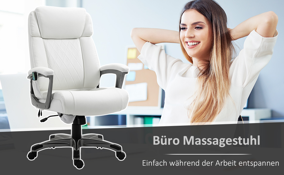 Крісло офісне з масажем Vinsetto - ергономічне, регульоване, з штучної шкіри, біле (70x76,5x114-124 см)