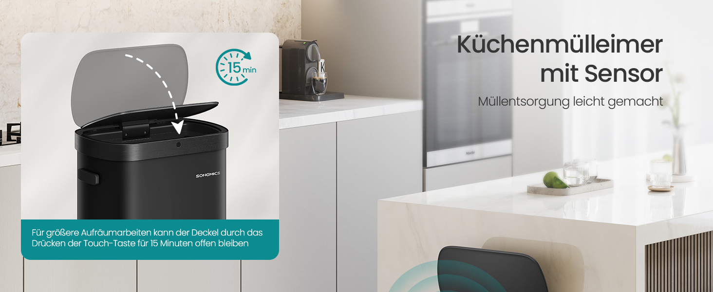 SONGMICS Сміттєве відро з сенсором, автоматичне, 50 л, відкриття рухом руки/дотиком, Softclose-кришка, сталь, 15 мішків, чорний LTB640B02