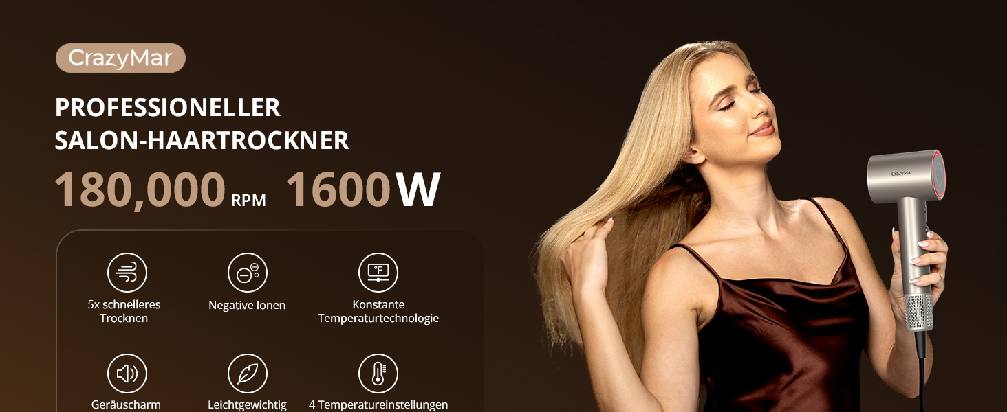 Іонний фен для волосся з безщіточковим двигуном 180 000 об/хв, компактний дорожній фен з 4 режимами температури та захистом від перегріву, колір Oro Champán