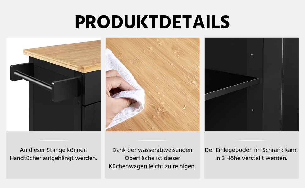 Кухонний візок Yaheetech з висувною шухлядою та 3 шафками, чорний, 66 x 45,5 x 91,5 см