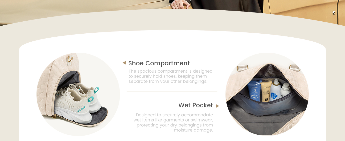 Спортивна сумка OVEVOOK для подорожей, жіноча, Weekender, для вихідних, дорожня сумка, сумка для дитини з косметичкою, відділення для взуття та мокрого одягу, водонепроникна, ручна поклажа для авіаперельотів, чорна (L, Beige 3er Set)