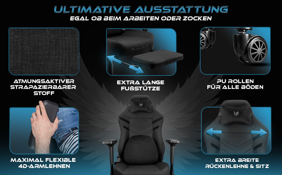 Ігрове крісло Ultimatrix FURY Ergonomic: з підтримкою попереку, 4D-підлокітниками, підніжкою та дихаючою тканиною, витримує до 150 кг, чорне