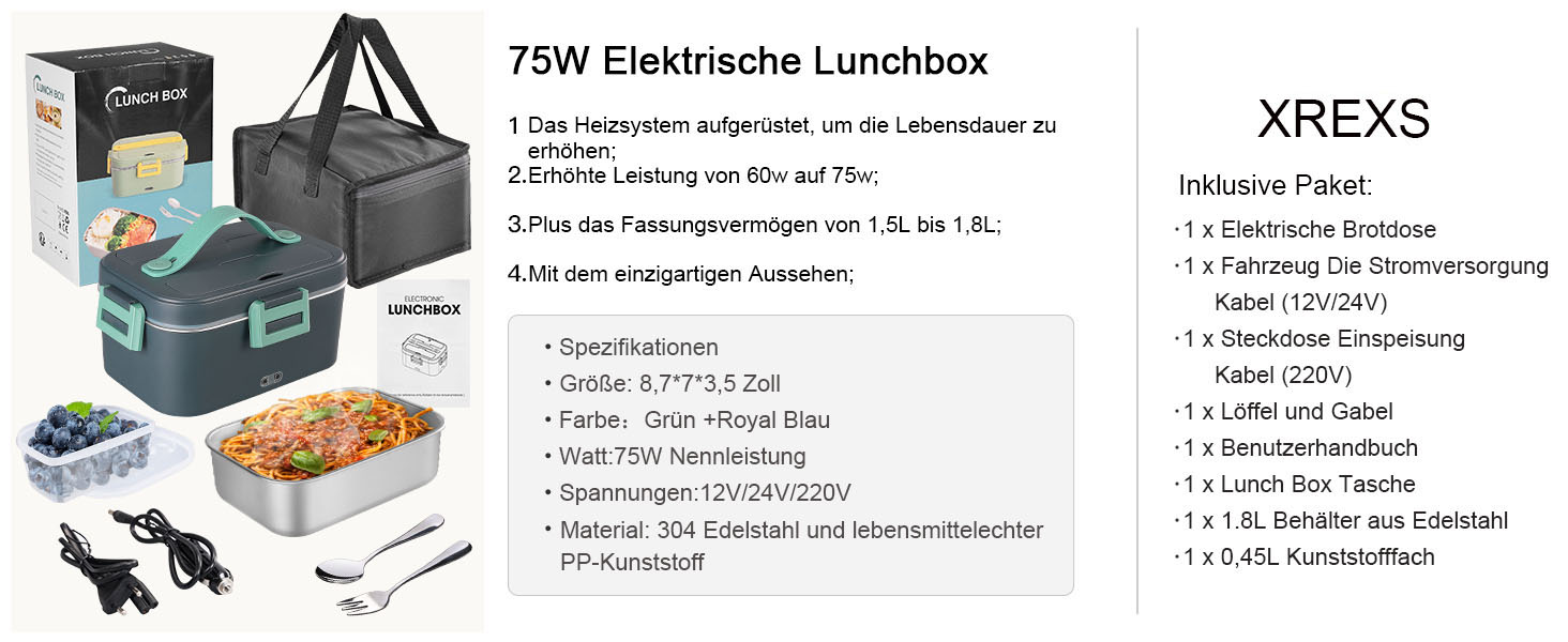 Електричний ланч-бокс XREXS 1,8 л, підігрівач їжі 75 Вт для автомобіля/вантажівки/офісу/дому, 3 в 1 з виделкою/ложкою, зелений