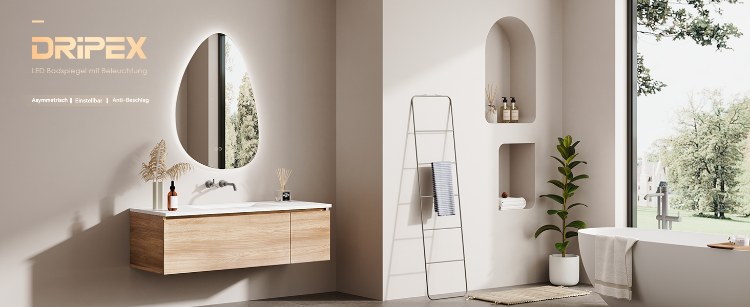 Дзеркало для ванної кімнати Dripex LED з підсвічуванням, сенсорне керування, регулювання яскравості, 3 кольори світла, без запотівання, 85x52 см