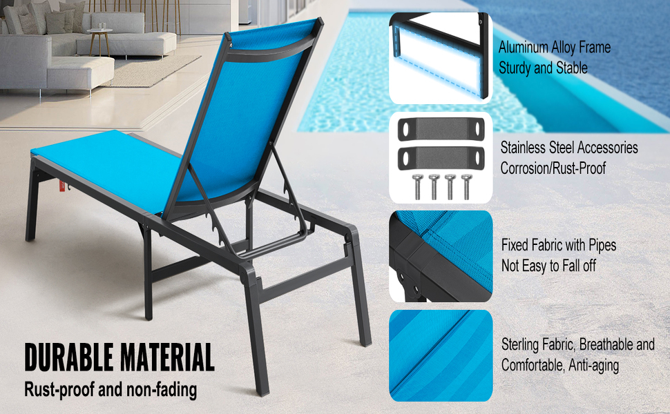 Лежак для відпочинку VEVOR, 182x60x88 см, блакитний, з регулюванням положення, для саду, тераси, пляжу, басейну