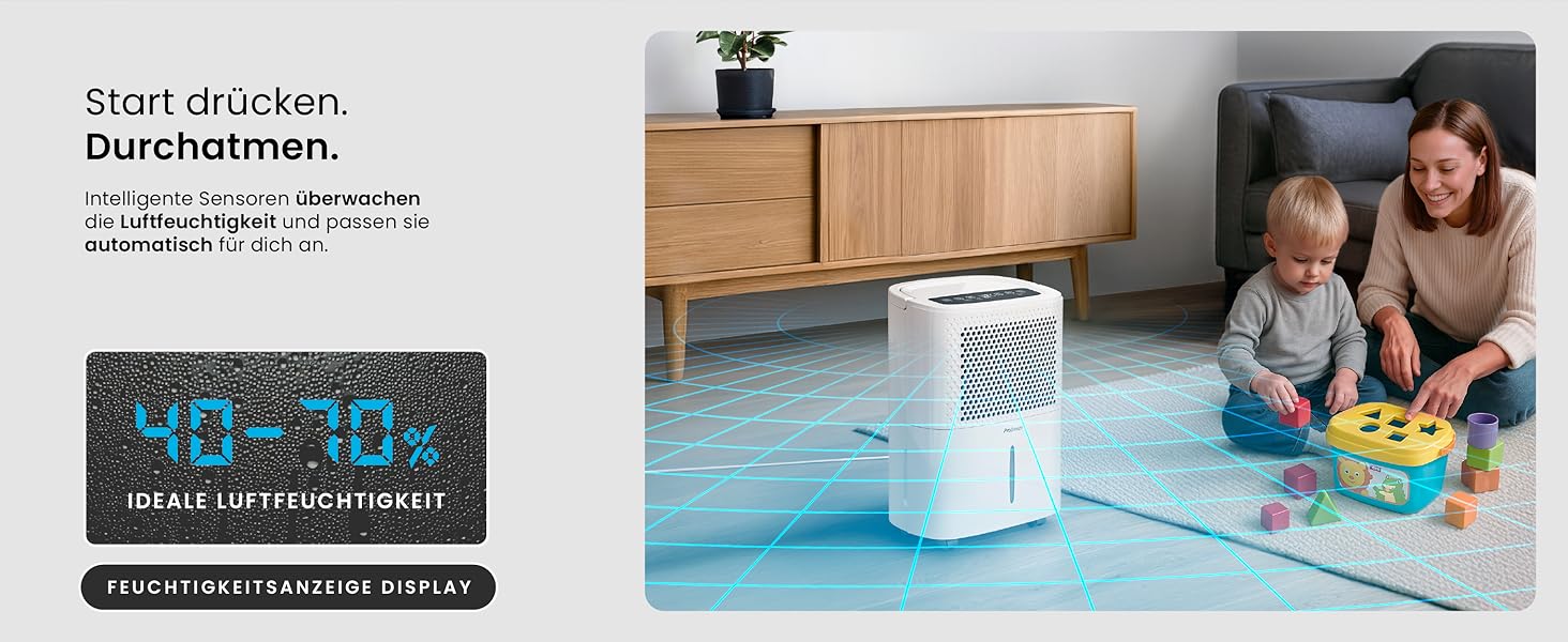 Pro Breeze® Eco Kompakt 12L/день: Електричний осушувач повітря з LED-дисплеєм, функцією сушіння білизни та Smart App (20 м²)