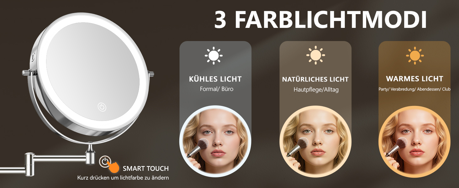 Дзеркало для макіяжу Auxmir з підсвічуванням 1X/30X, перезаряджуване, з LED, для гоління та макіяжу, настінне, поворотне на 360°, з 3 кольорами світла, 3200mAh, срібне