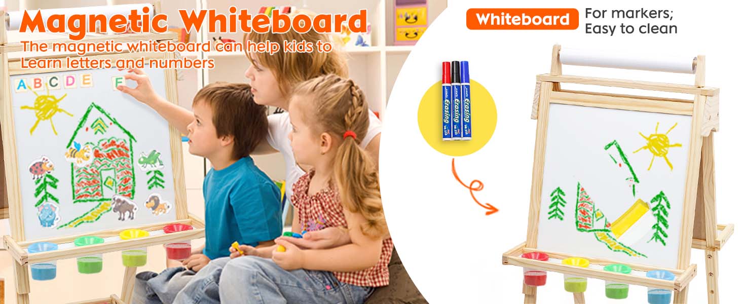 Дитяча мольберт Kinder з паперовою рулонкою, двостороннє Whiteboard та крейдяна дошка, мольберт для малювання з цифрами та аксесуарами, регульована висота, з підстаканником, білий