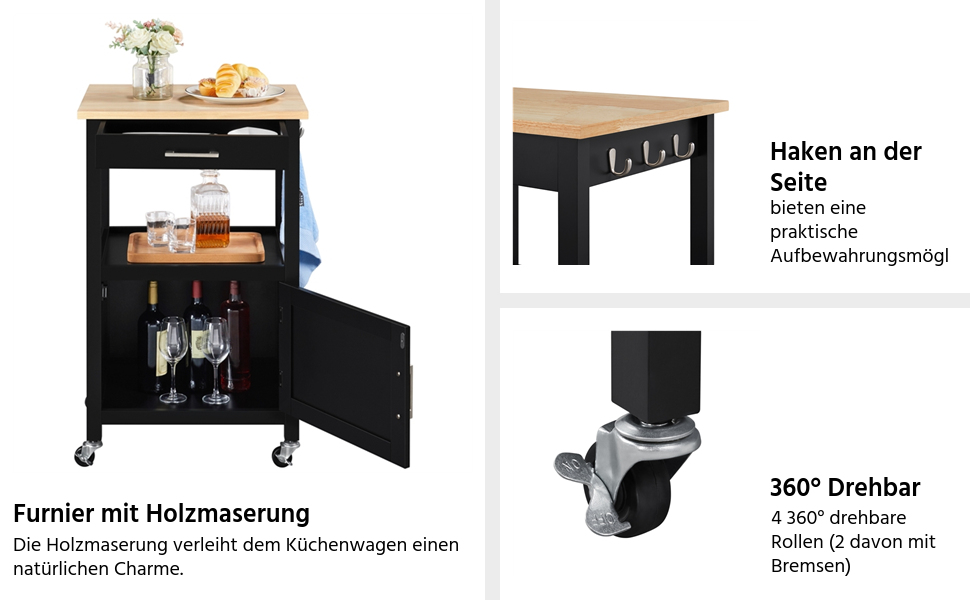 Кухонний візок Yaheetech на колесах з шафкою та полицею, 55x45x89 см, білий (чорний)