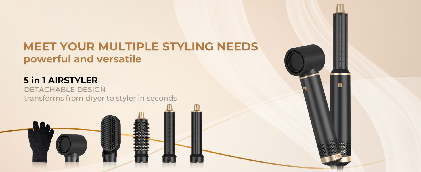 MogaWave Air Styler Pro 6 в 1: Фен-щітка, стайлер для волосся 1000W (Чорний)