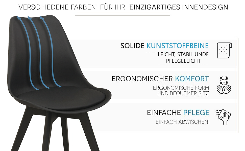 Набір з 4-х обідніх стільців чорного кольору – сучасні пластикові стільці з м'яким сидінням з екошкіри та поліпропіленовими ніжками, елегантний дизайн, комфортне сидіння