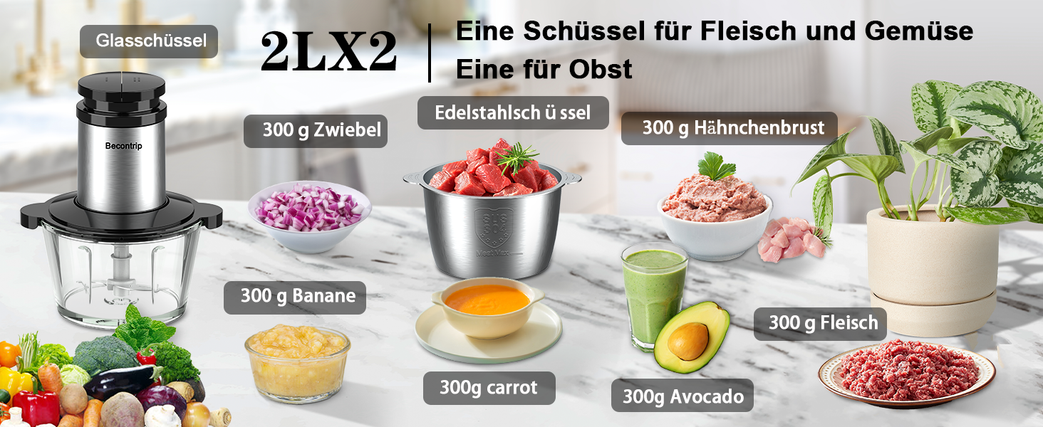 Електричний подрібнювач для кухні [500W] з нержавіючою сталлю, 2L чаша (скло+нержавіюча сталь) – кухонний комбайн для дитячого харчування, м'яса, овочів, цибулі (мідний двигун)