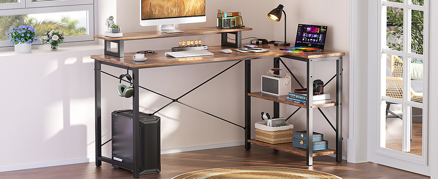 Кутовий ігровий стіл з LED-підсвіткою та розетками, 120x70 см, колір: сіра береза (рустикальний коричневий)