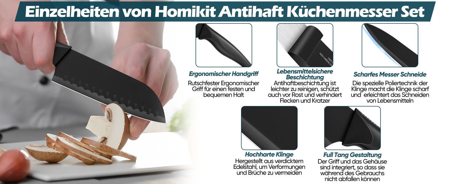 Набір ножів Homikit 15 предметів з підставкою: кухонні ножі з нержавіючої сталі, веточки, 6 ножів для стейків, чорний