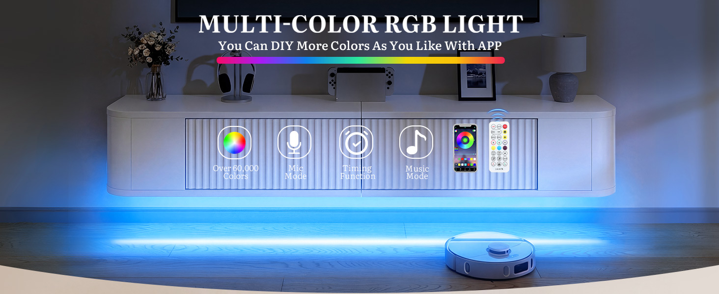 Підвісна тумба під телевізор YITAHOME 140 см з RGB підсвіткою, біла. Настінна поличка для ТБ з великим об'ємом для вітальні та спальні