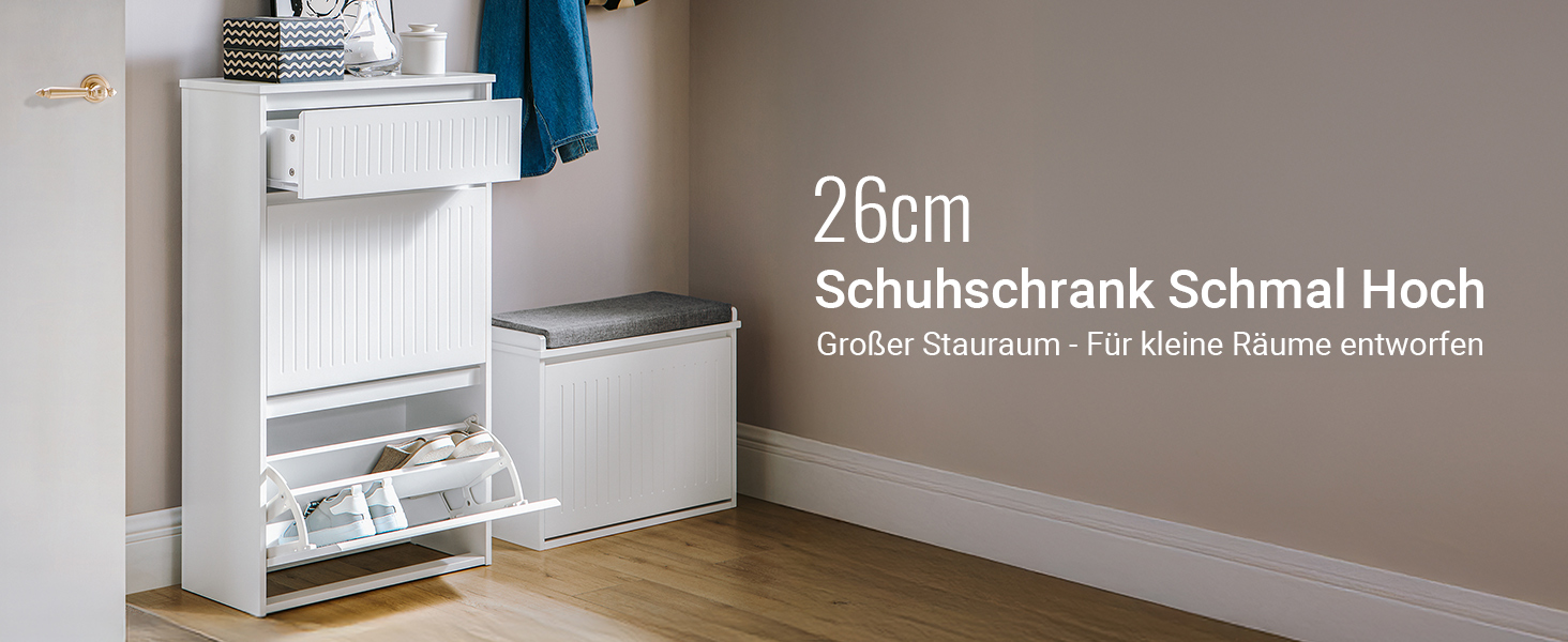 SoBuy Взуттєва шафа з 2 відкидними дверцятами, полицями та висувною шухлядою, біла, 61x100x26 см (FSR165-W)