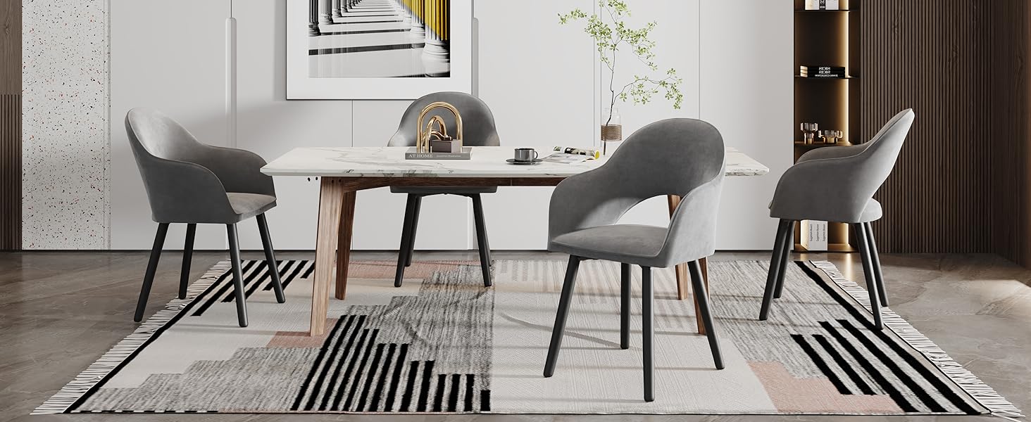 Набір обідніх стільців для кухні та вітальні (4 шт.) з підлокітниками, м'яке сидіння, поліестер, дерев'яні ніжки, бежевий, темно-сірий, чорний