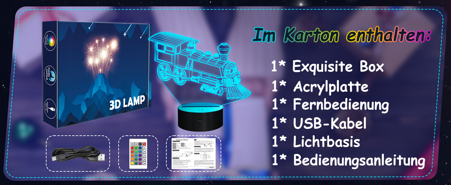 Лампа-ілюзія, приліжкова лампа для дітей, подарунок на день народження, приліжкова лампа FULLOSUN, 16 кольорів, з сенсорним перемикачем для автоматичної зміни, настільні декоративні лампи для хлопчиків і чоловіків (локомотив), 3D