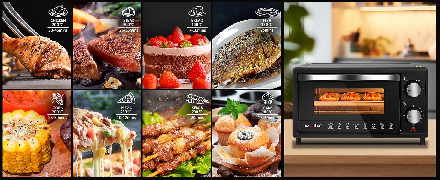 Міні-піч WOLTU 10 л, 800 Вт: піч для піци, тостів, індички, хот-догів. Чорний колір