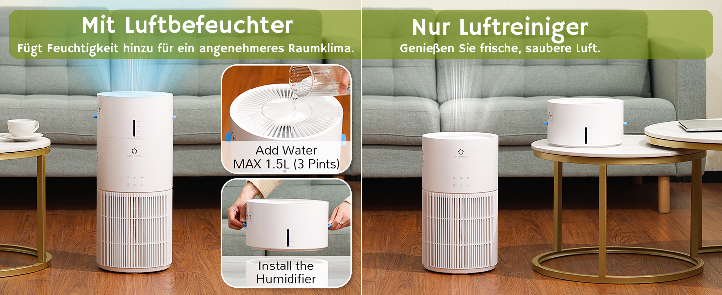 Повітряочищувач та зволожувач Airthereal AEH300: 2-в-1 для приміщень до 125 м², 3-ступенева фільтрація, індикатор якості повітря, нічний режим, автоматичне зволоження