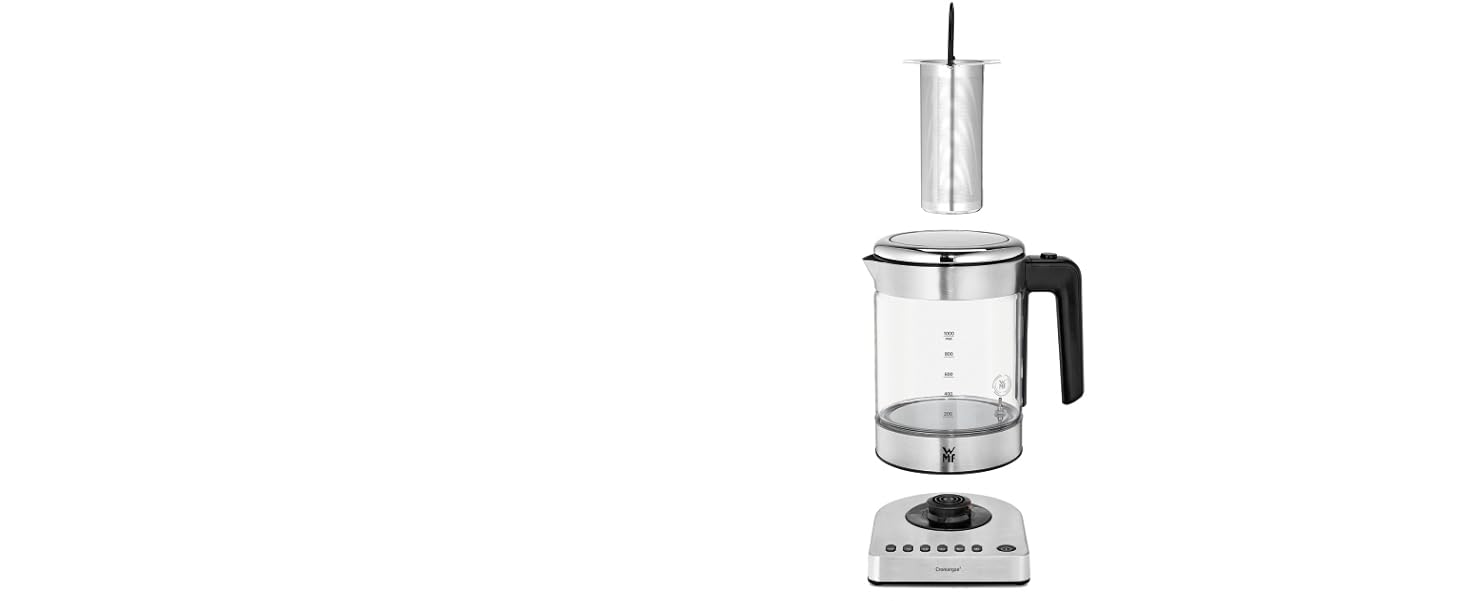 Електричний чайник-заварник WMF Küchenminis 2 в 1 з регулюванням температури, 1 л, 1900 Вт, скло, з тримачем для чайних пакетиків та ситом